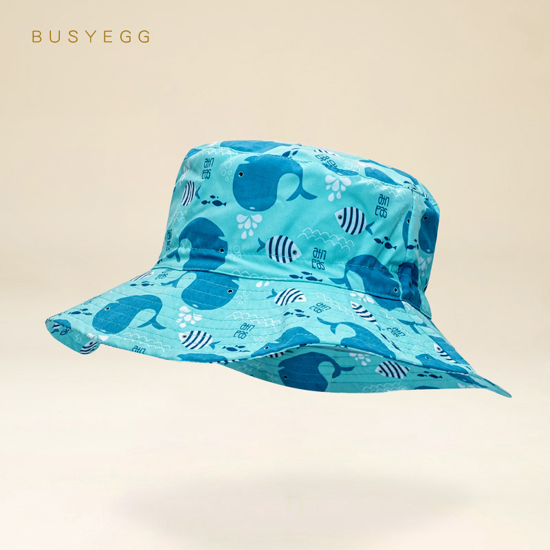 BUSYEGG湖蓝鲸鱼儿童渔夫帽男童遮阳帽夏季宝宝薄款防晒帽子大檐