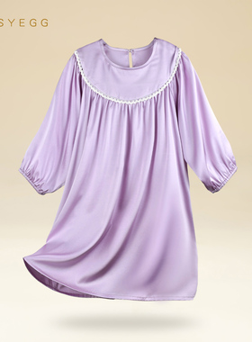 浅紫色儿童真丝睡裙夏女童桑蚕丝宽松家居裙女孩纯色六分袖连衣裙