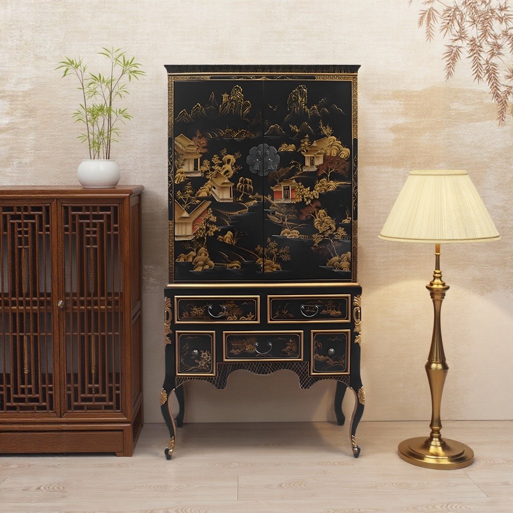 新中式古典实木酒柜餐边柜客厅手绘别墅橱柜书柜漆画卧室复古衣柜