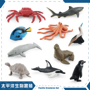 仿真模型企鹅章鱼陆龟虎鲨海豚灰鲸海狮鲣鸟蓝唐太平洋生物套装摆
