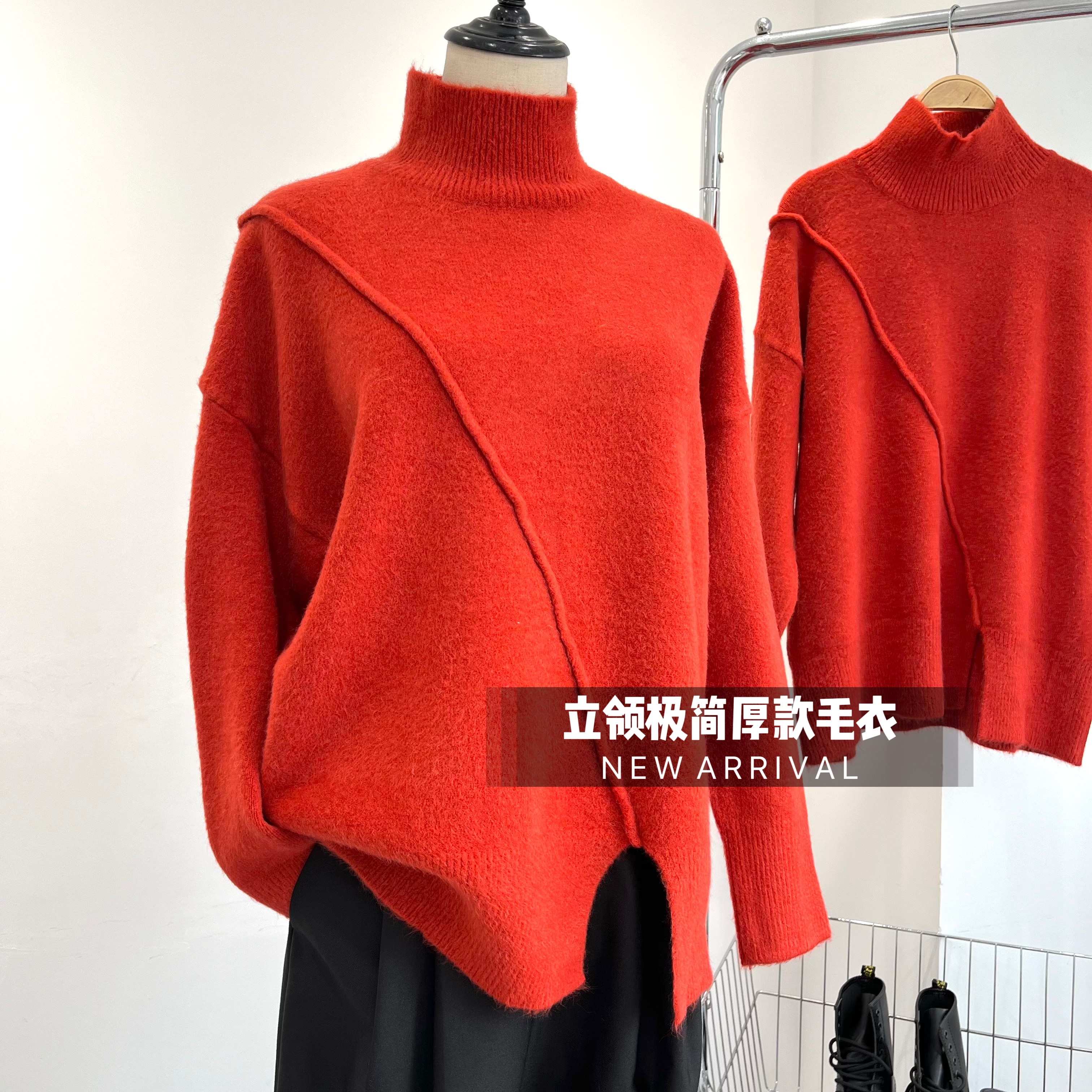 极简风不对称套头极简毛衣