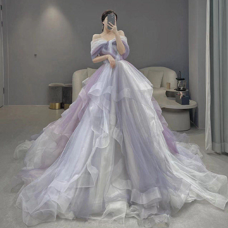 森系梦幻仙女风生日宴会成人礼长裙气质浪漫薰衣草紫色蓬蓬礼服裙