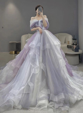 森系梦幻仙女生日宴会长裙气质浪漫薰衣草紫色蓬蓬礼服裙一字肩