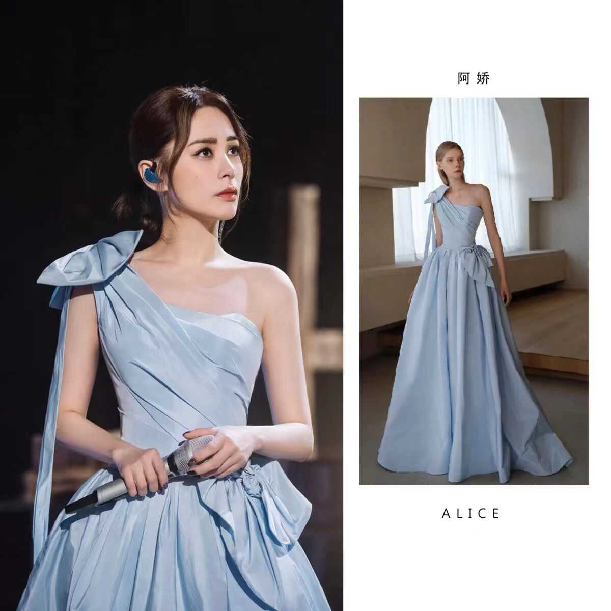 礼服明星同款蓝色缎面图片