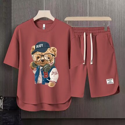 Clearance Two-Piece Set~ Summer Sports Suit for Men, Waffle Pattern Set with Casual Oversized Sports Shorts and Short Sleeves