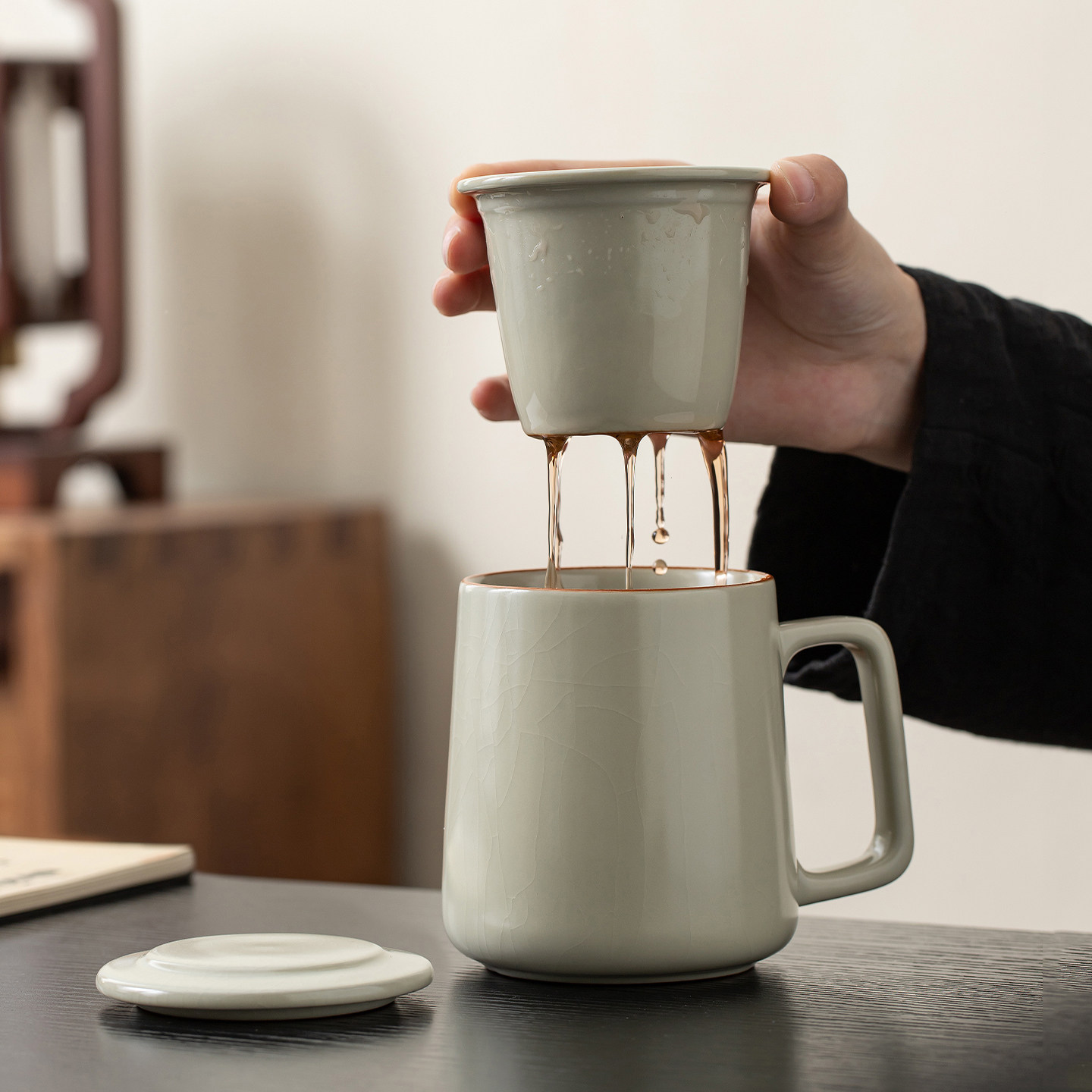 汝窑陶瓷茶水分离泡茶杯
