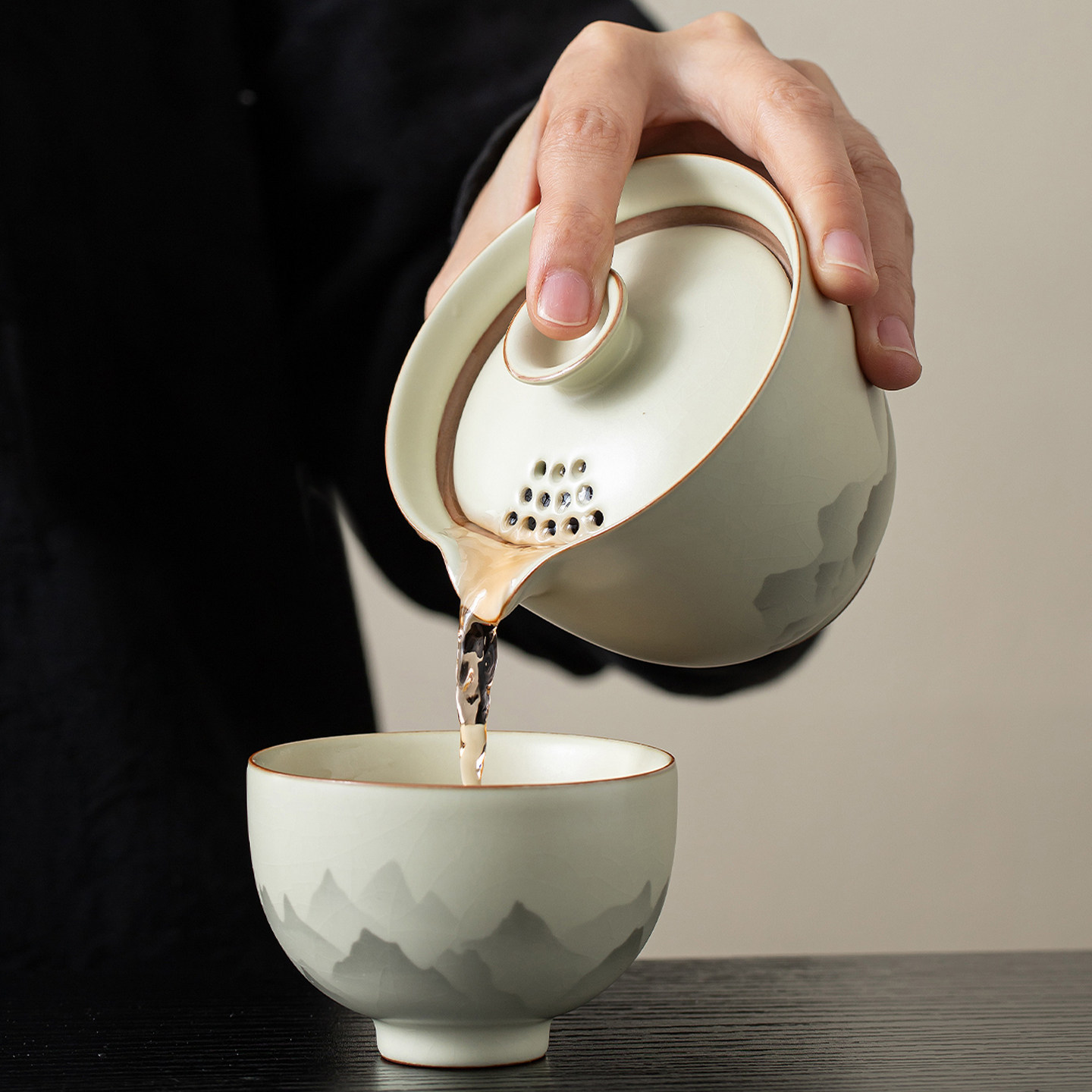 米黄汝窑陶瓷茶壶家用小号功夫茶具手抓壶单个一人开片可养泡茶器