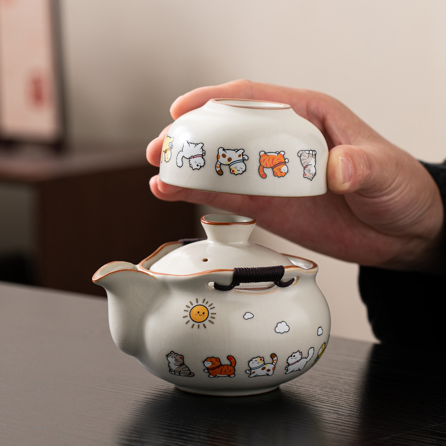 萌趣可爱猫咪便携式旅行茶具小套装户外泡茶壶茶杯汝窑女士快客杯