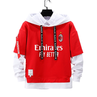 AC米兰队服伊布卡卡足球迷假两件连帽卫衣男女儿童装学生外套帽衫
