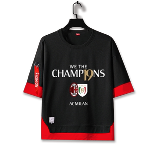 AC米兰意甲19冠夺冠纪念红黑军团假两件短袖t恤衫男女儿童5五分袖