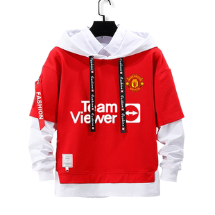 曼联队服拉什福德B费足球迷假两件连帽卫衣男女儿童装学生款外套