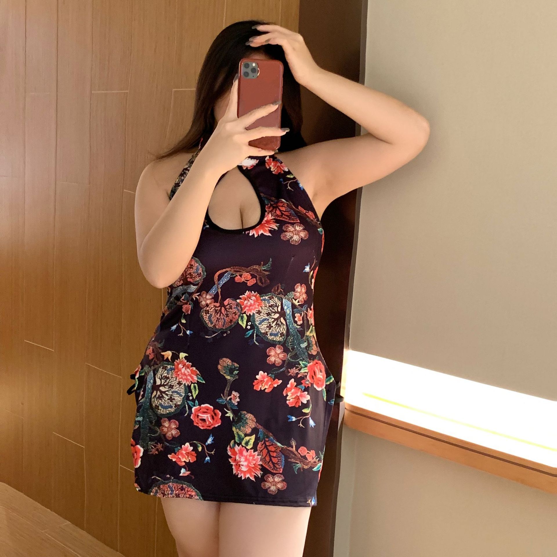 新品高端加肥加大性感开叉印花旗袍无袖紧身制服诱人情趣内衣