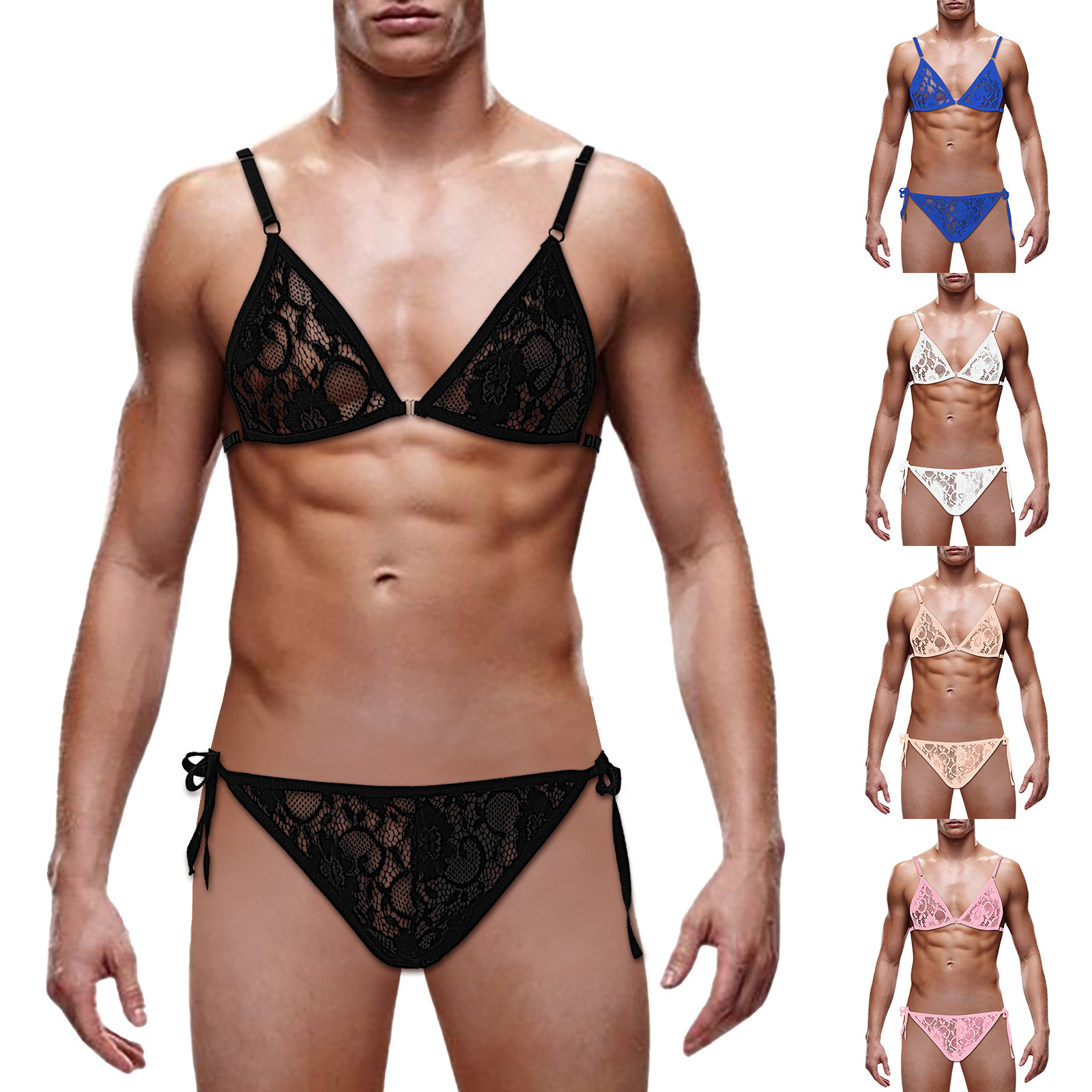 男士蕾丝比基尼系带套装 性感透视可调节均码泳衣肩带情趣内衣