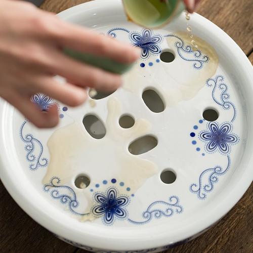 茶具茶盘陶瓷储水茶台圆形青花瓷双层功夫小号托盘简约干泡盘