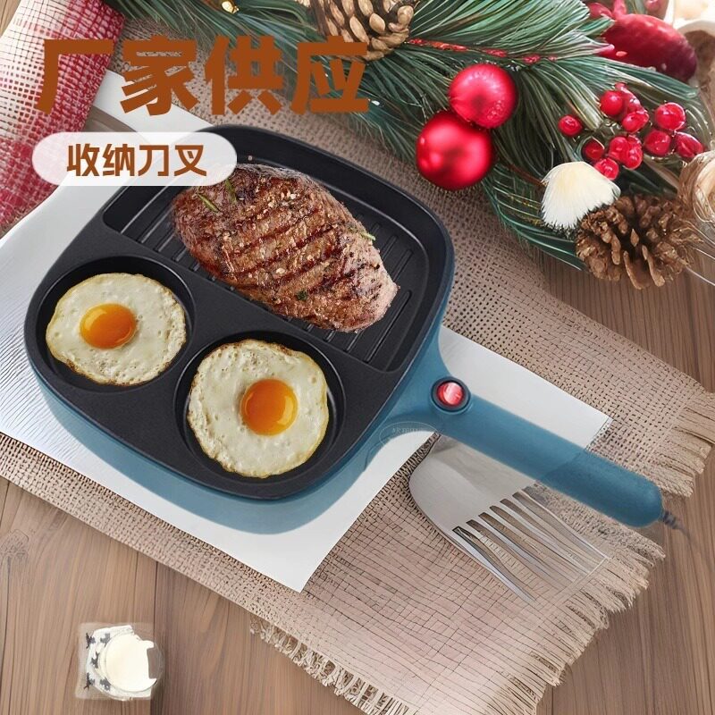 网红牛排电煎锅三合一早餐机跨境四孔煎蛋锅 迷你家用多功能鸡蛋