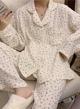 Mins睡衣女春秋季长袖长裤韩版甜美可爱宽松大码家居服可外穿套装