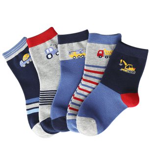 儿童袜子男童纯棉春秋厚吸汗小孩卡通挖机工程车中大童秋冬款无骨