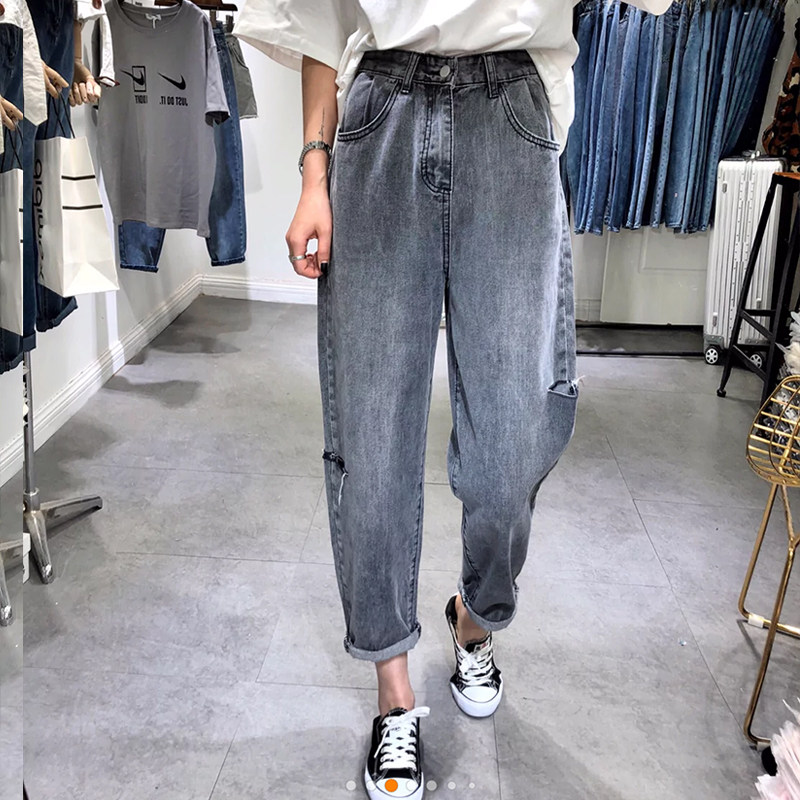 高腰宽松破洞软牛仔裤夏季新款梨形身材显瘦女裤子大码哈伦老爹裤