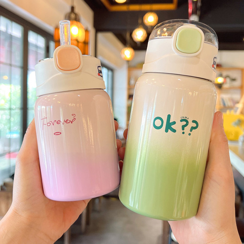 渐层色保温杯女生高颜值304不锈钢可爱吸管杯子2023新款可携式小