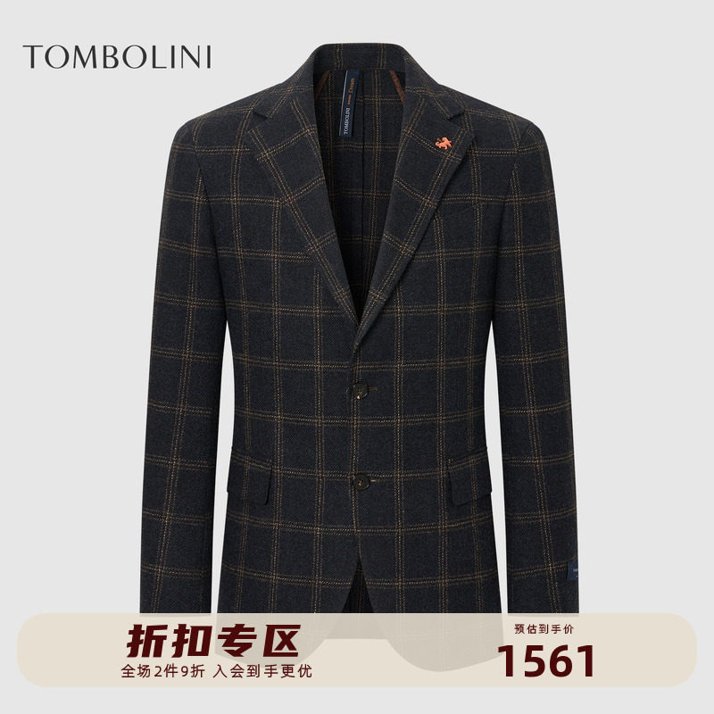 【意大利进口面料】东博利尼秋冬羊毛西服男士黑色格子西装外套潮
