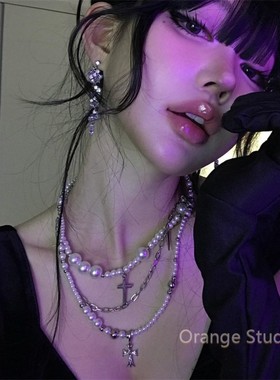 哥特朋克风叠戴珍珠十字架项链纯欲甜酷辣妹颈链高级感轻奢锁骨链