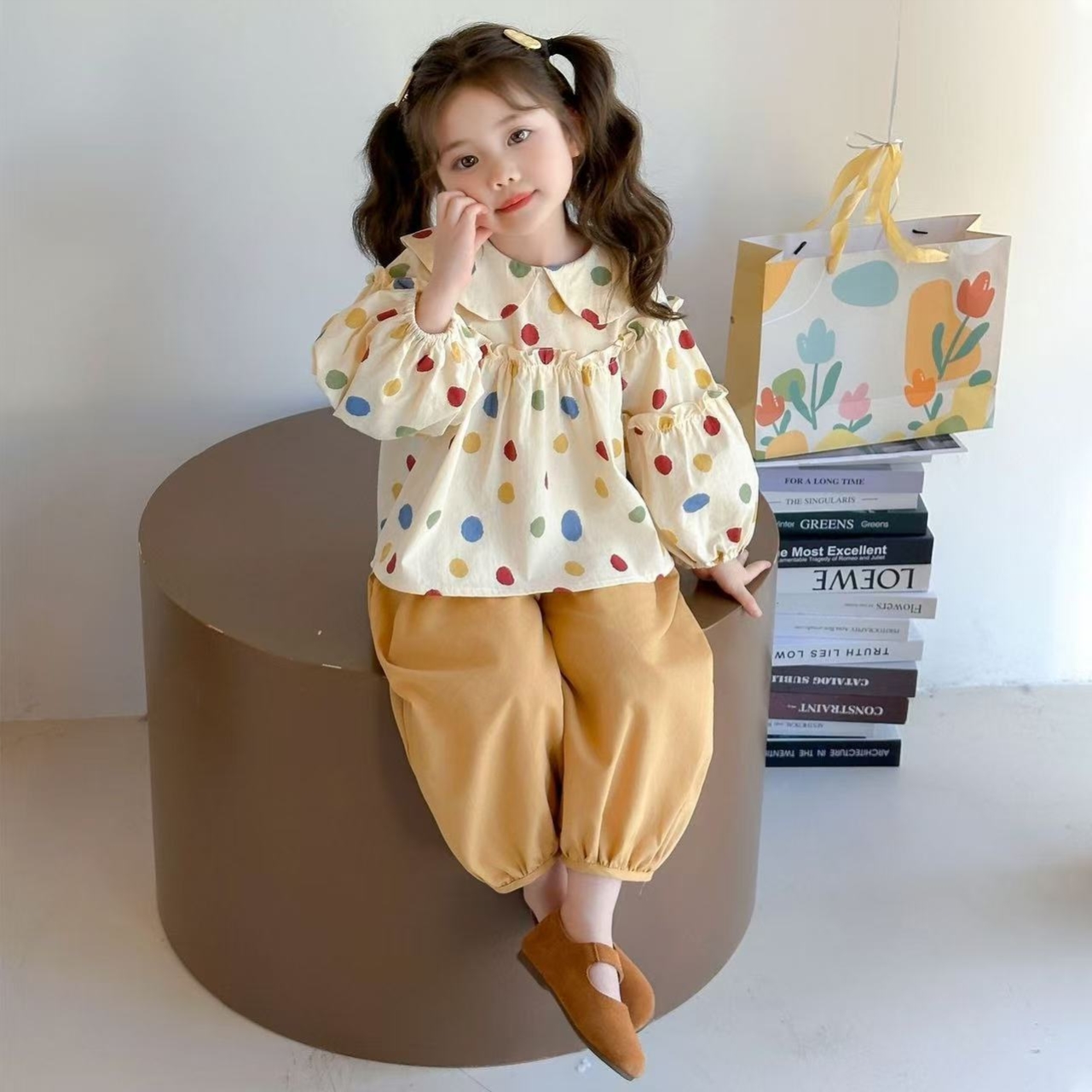 女小童韩版波点套装2025年新款小公主蝴蝶结长袖秋装时髦两件套