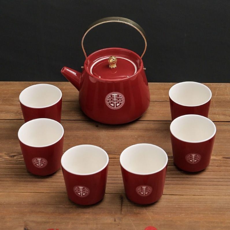 新婚茶具套装一整套改口敬茶杯喜庆茶杯红色提梁茶壶陶瓷陪嫁婚礼