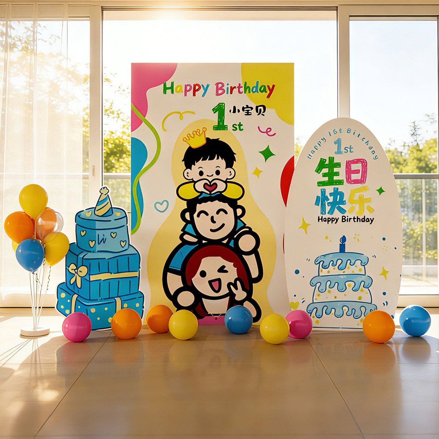 男宝宝周岁生日KT板背景墙布置图片