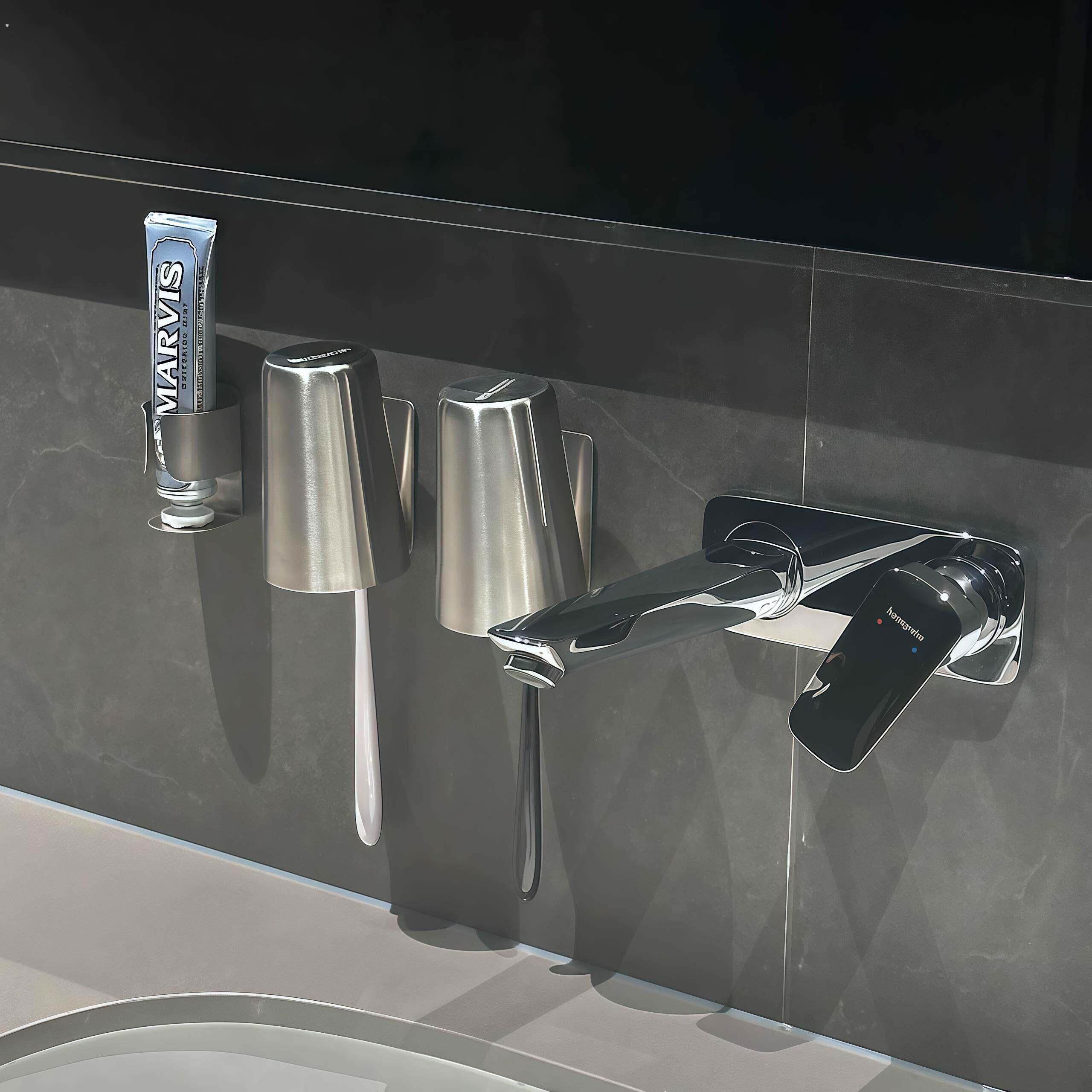 不锈钢牙刷杯洗漱杯置物架牙刷架壁挂式免打孔化妆室台面收纳杯架