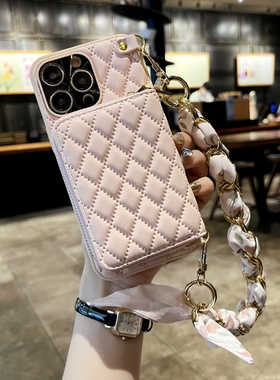 手提零钱包苹果16手机壳iPhone15Pro丝巾链条12菱格11小香风xsmax手腕xr挂链x链8plus卡包7p放卡14腕带13适用