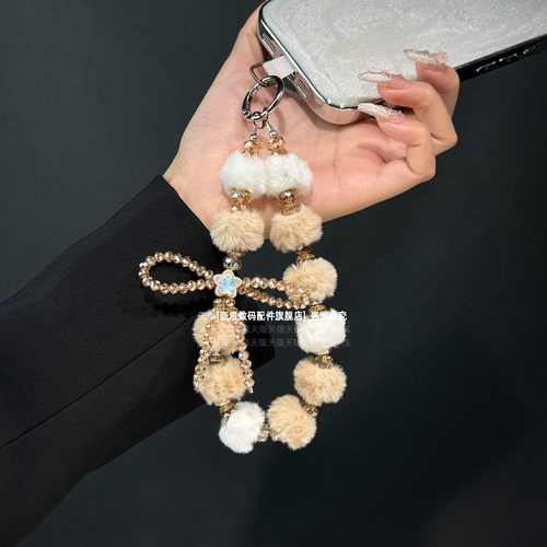 秋冬保暖毛球水晶蝴蝶结手机挂链