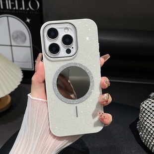 带镜子iPhone16pro手机壳15闪粉max适用苹果14全包13外壳12磁吸por无线充11高级感女prom补妆镜面i车载引磁片