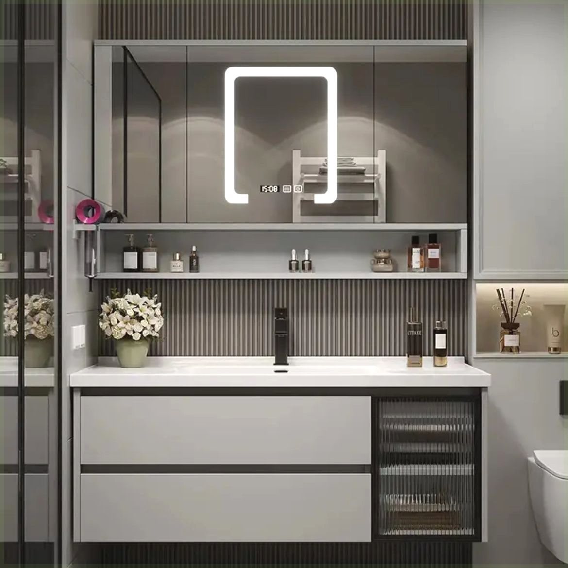 63/73/83/93/103/113CM陶瓷一体台盆推拉折叠风水镜蜂窝铝浴室柜