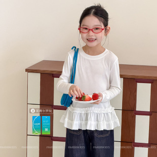 艾摩贝贝女童韩系软糯顺滑莱赛尔罗纹甜美层次感精致花边拼接上衣