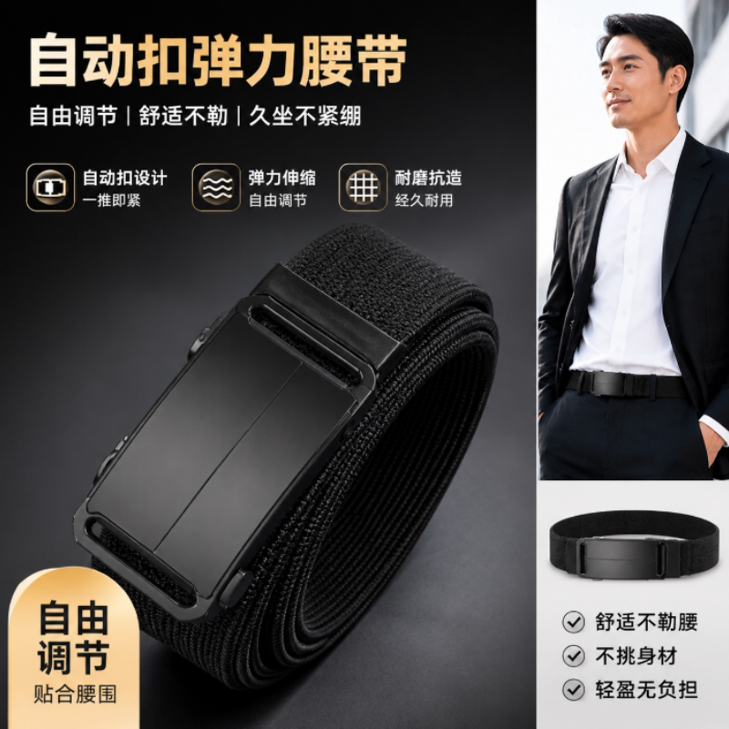 弹力自动扣松紧设计男士腰带夏季户外休闲裤腰带轻便透气皮带裤带 - 实物图