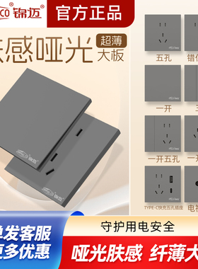 肤感灰色开关插座面板家用单/双控一开五孔三极16A空调插两开双联