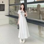 早春绝美裙子白色连衣裙夏季娃娃领蝴蝶结裙子连衣裙公主裙短袖