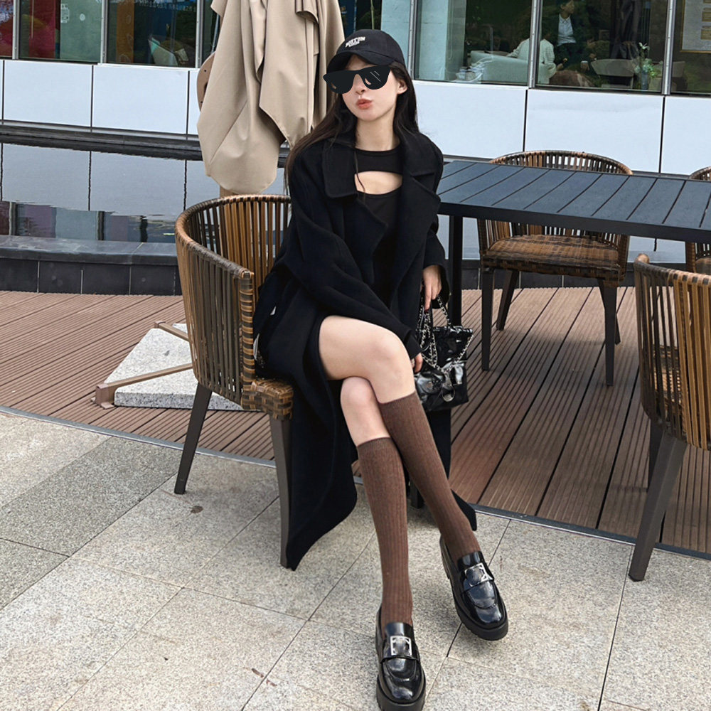 秋冬纯咖色小腿袜日系棉袜子女中筒袜jk显瘦长筒袜学院风堆堆袜潮