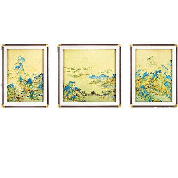 苏绣刺绣端挂画客厅沙发背景墙画千里江山图三联画山水装饰壁画