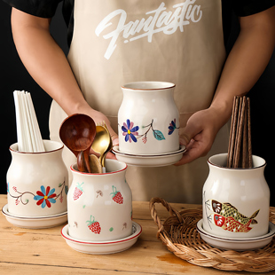 日式陶瓷筷子筒手绘图案创意家用多功能沥水筷篓厨房餐具置物收纳