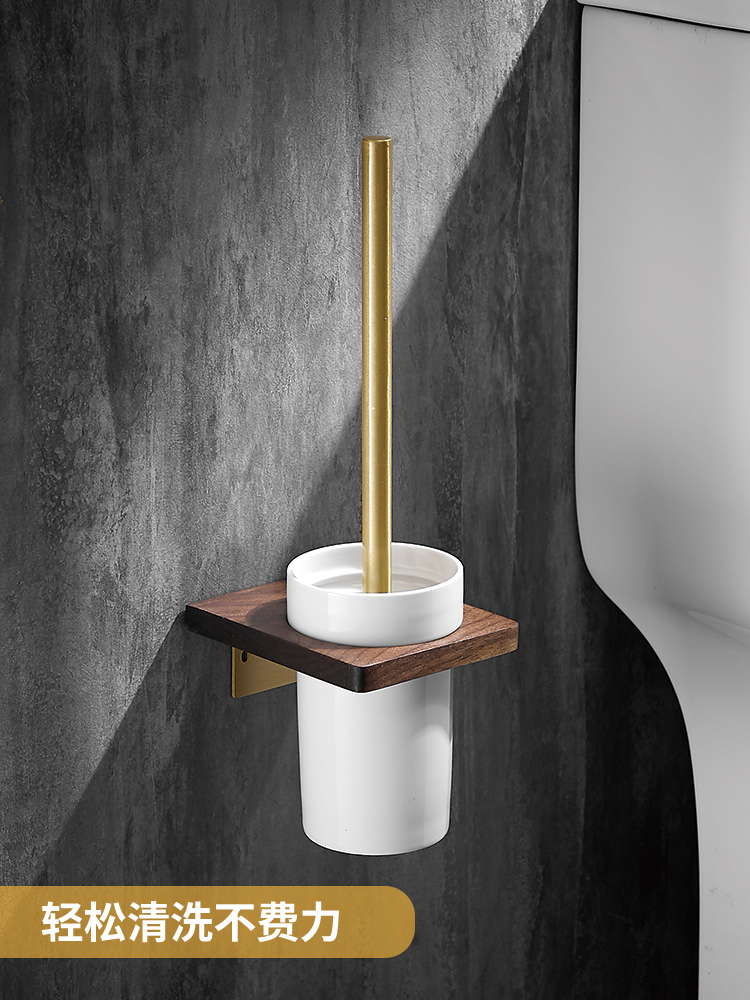 Solid wood toilet toilet brush shelf free punching toilet cleaning brush soft hair toilet brush holder ceramic cup