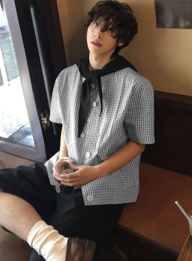conlise 复古百搭宽松休闲翻领上衣日系高级感多扣格子短袖衬衫男