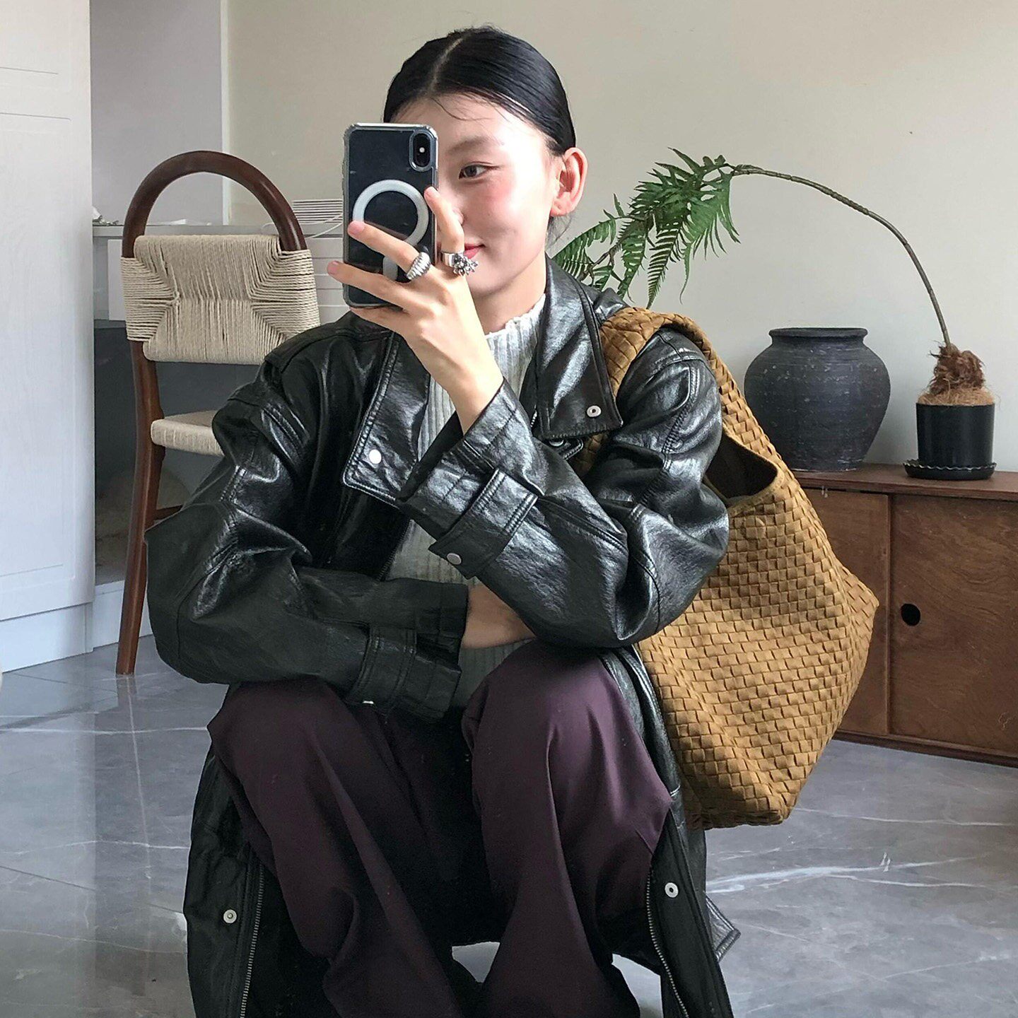 春秋复古老钱风工装中长皮衣女
