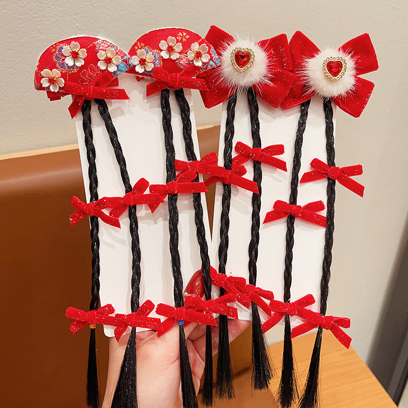 新年头饰儿童假发辫子发夹女童汉服古风发饰小女孩甜酷暴击拳击辫