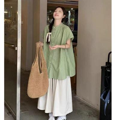 复古气质新款套装中长款条纹衬衫女夏季宽松休闲裤长裤两件套女装