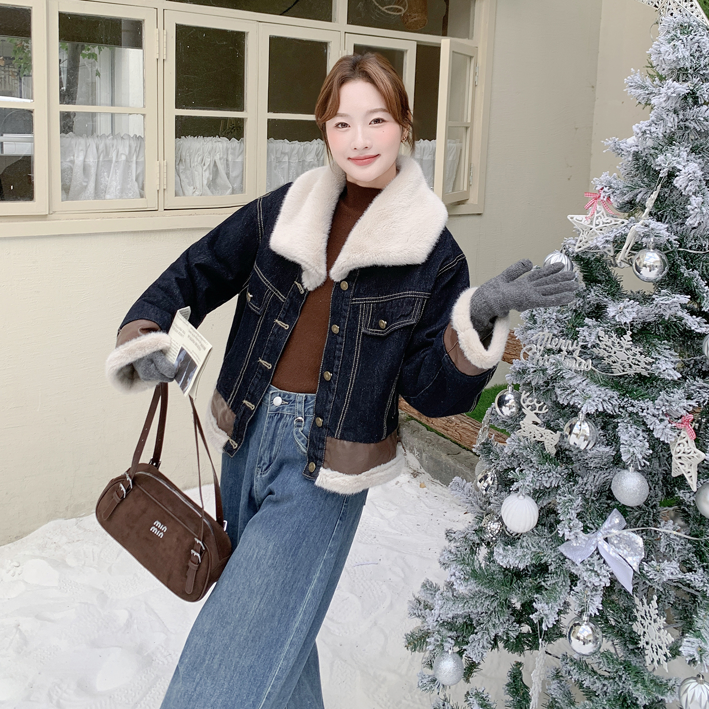 现货2D078-Y3380-P225K348牛仔拼皮内毛毛派克棉衣