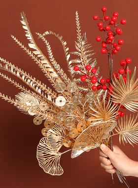 短支金色尤加利叶银杏扇 仿真发财果红果 家居客厅新年装饰年宵花