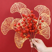 饰 家居客厅新春装 新年金色尤加利叶银杏扇短支束 仿真发财果红果