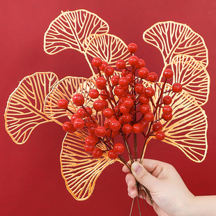 新年金色尤加利叶银杏扇短支束 仿真发财果红果 家居客厅新春装饰