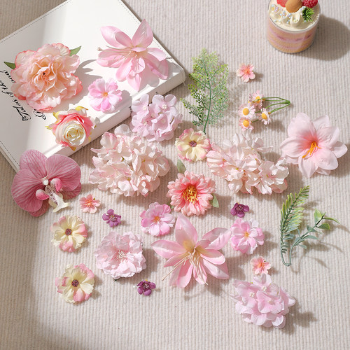 粉色仿真花DIY汉服头饰材料包